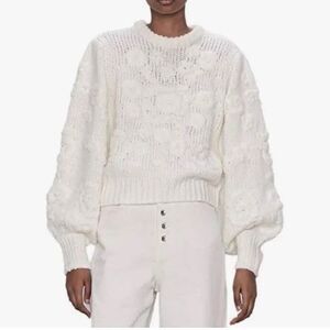 Zara White 3D Knit Embroidered Floral Sweater Puff Sleeve Size Small